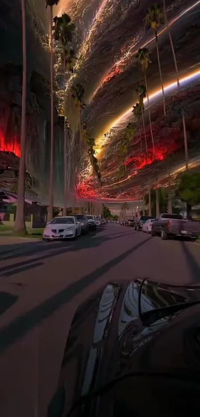 Futuristic street scene with vibrant red skies at night.