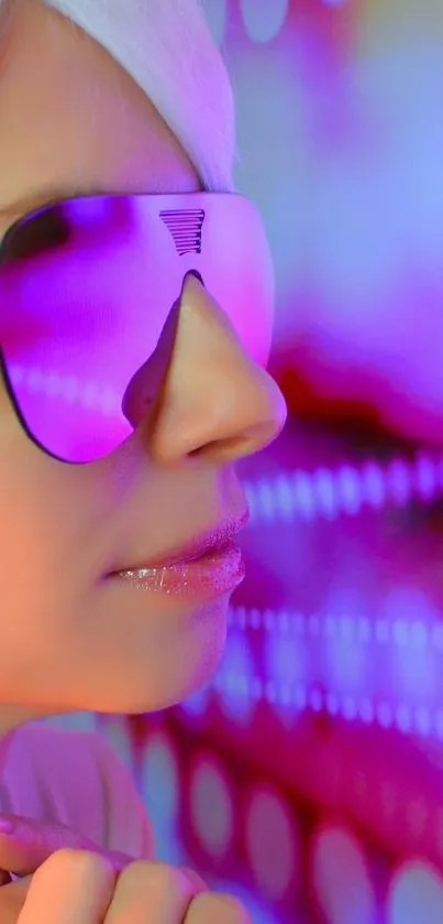 Futuristic wallpaper with pink hues, white-haired individual wearing sunglasses.
