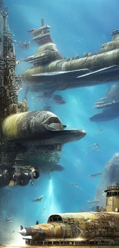 Intricate sci-fi submarines in a blue underwater scene.