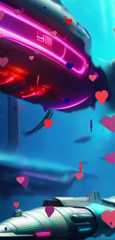 Futuristic submarines and hearts against a glowing blue backdrop.
