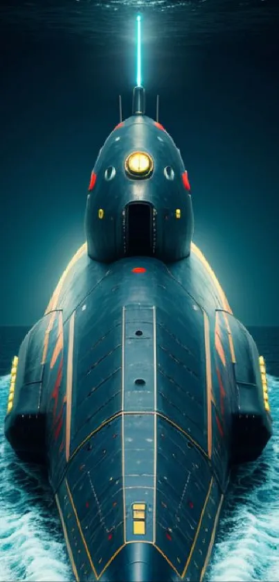 Futuristic submarine with dark blue ocean backdrop.