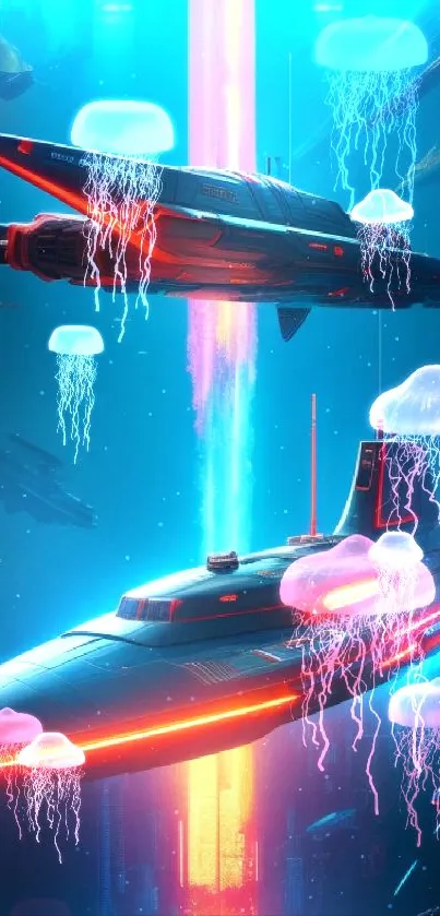 Futuristic submarines with neon blue and red glow.