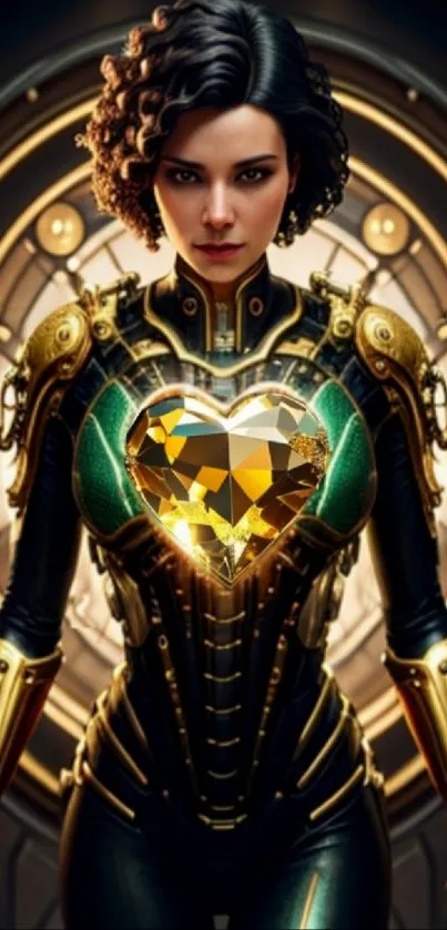 Futuristic character in golden armor with glowing heart centerpiece.