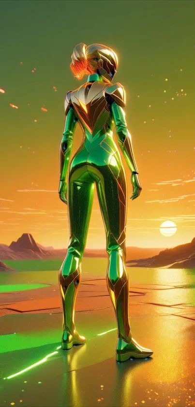 Futuristic superhero overlooking a sunset with neon green suit.