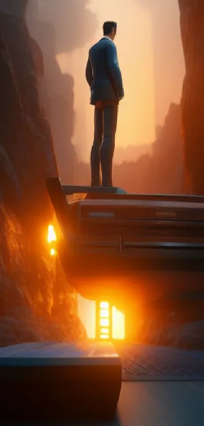 Man stands on hovering car against a glowing orange sunset in a canyon.