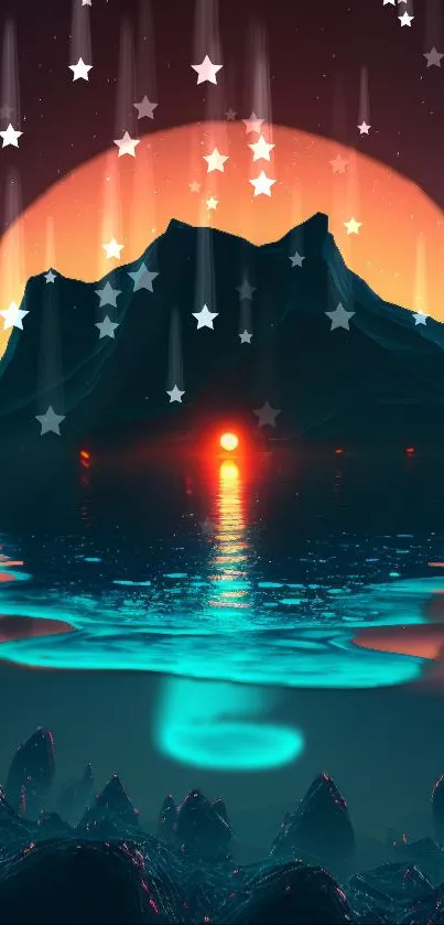 Futuristic sunset with mountain and reflective lake, starry sky above.