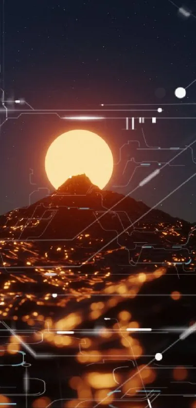 Futuristic sunset over mountain with digital circuit design in orange hues.