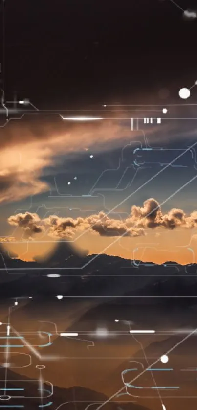 Futuristic sunset skyline with clouds and digital details.