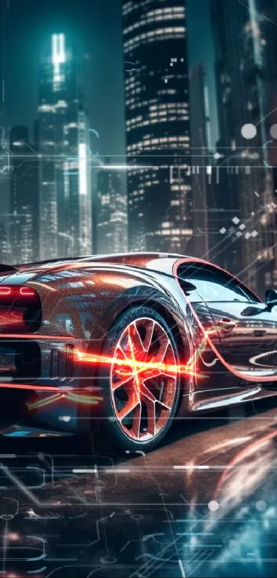Futuristic supercar with neon lights in a vibrant cityscape at night.