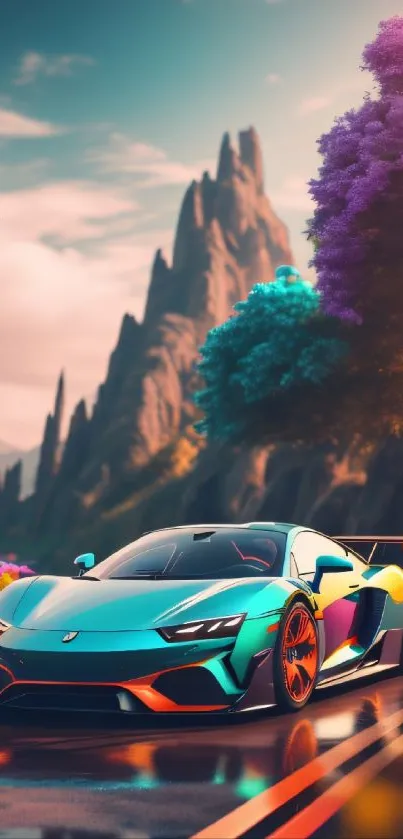 Futuristic supercar with vibrant colors against a mountainous backdrop.