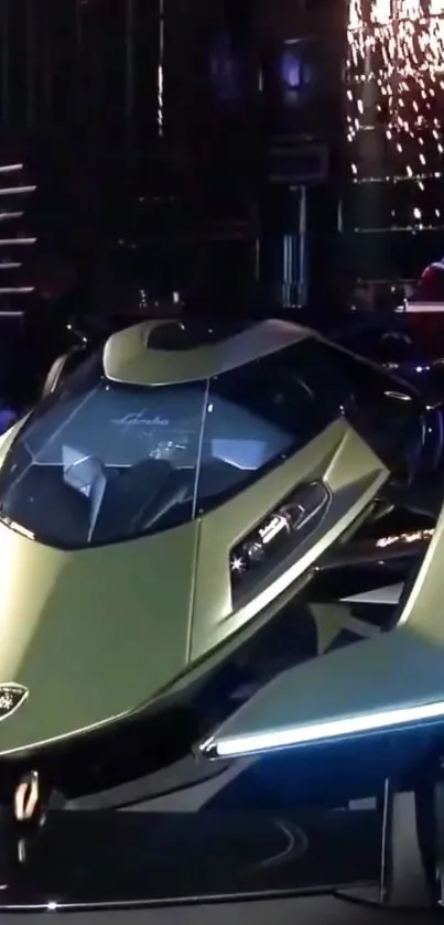 Futuristic olive green supercar on display.