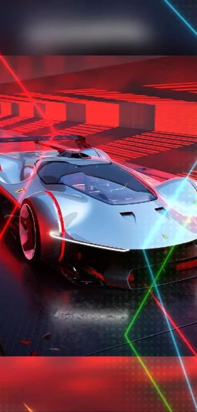 Futuristic supercar with neon lights on a vibrant mobile wallpaper.