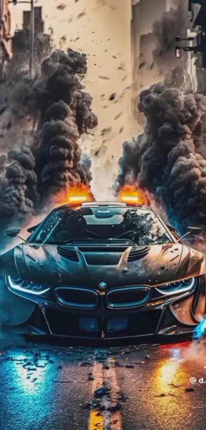 Futuristic supercar with smoke in cityscape.