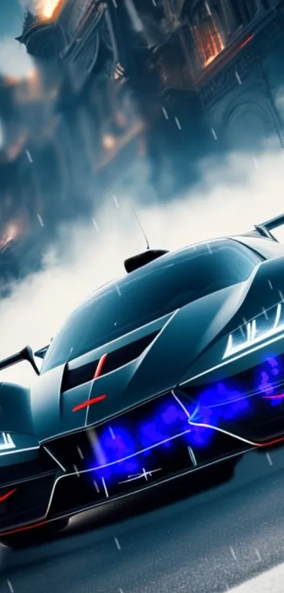 Futuristic supercar driving through a dramatic cityscape in the rain.