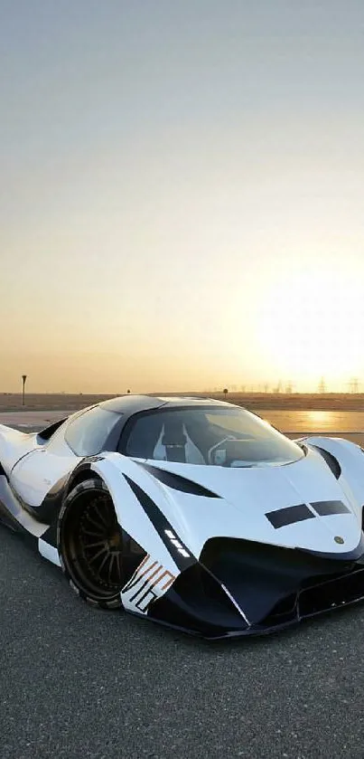 Futuristic white supercar on open road at sunset, perfect for mobile wallpaper.