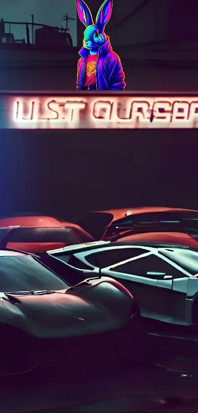 Futuristic supercars with neon lights in urban night setting.