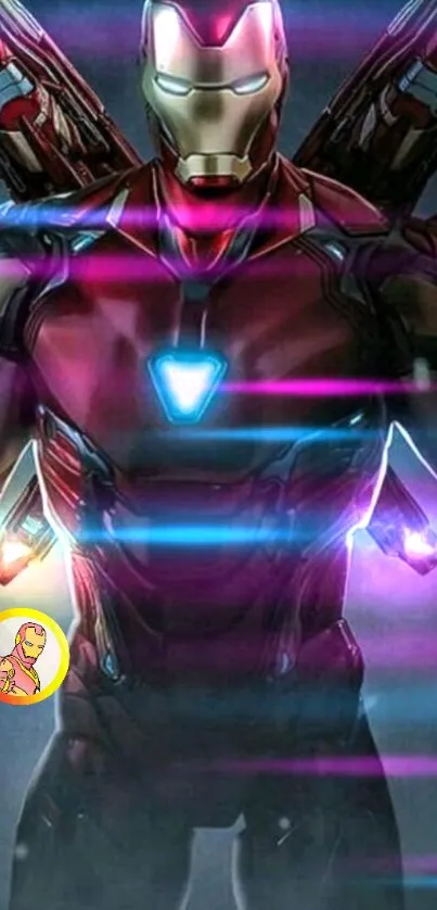 Iron Man armor with vibrant light effects.