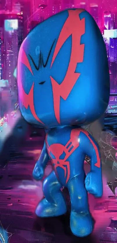 Futuristic superhero with blue and red suit in a colorful cityscape.