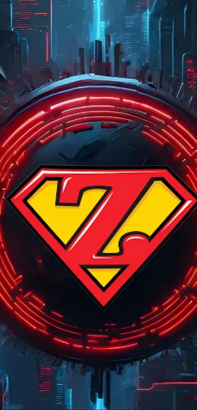 Futuristic superhero emblem with neon lights.