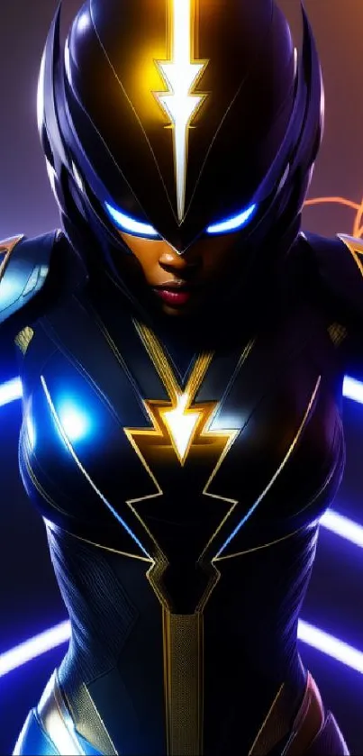 Futuristic superhero with vibrant neon accents in blue and gold.