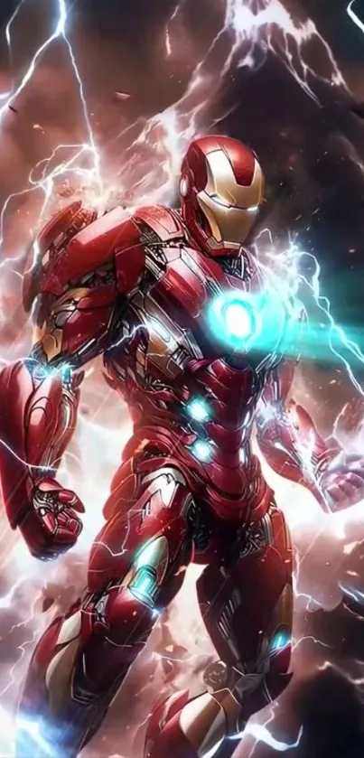 Futuristic superhero surrounded by lightning in mobile wallpaper.