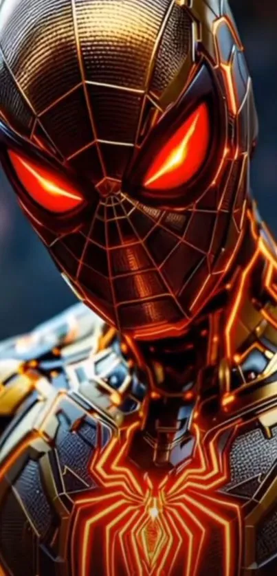 Futuristic superhero in a glowing suit with red eyes.