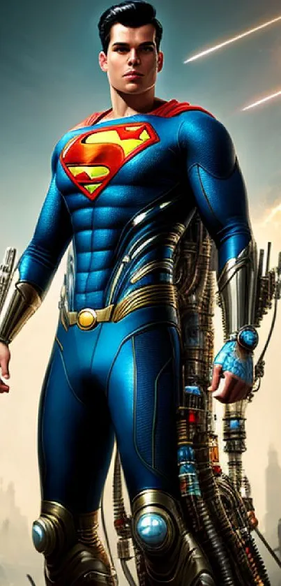 Futuristic superhero in blue suit with vibrant background.