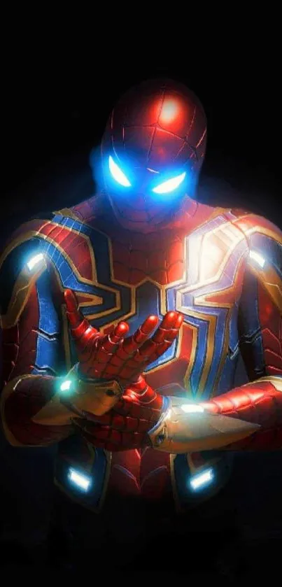 Futuristic superhero in glowing armor on a dark background