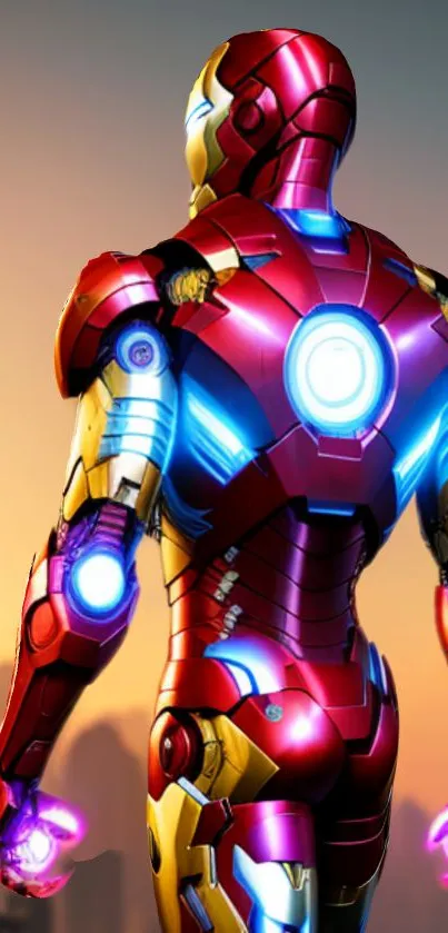 Futuristic superhero with glowing armor and vibrant colors in city backdrop.