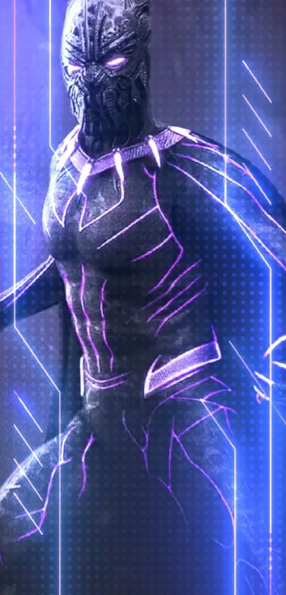 Futuristic superhero with neon lights and dynamic pose in vibrant purple tones.