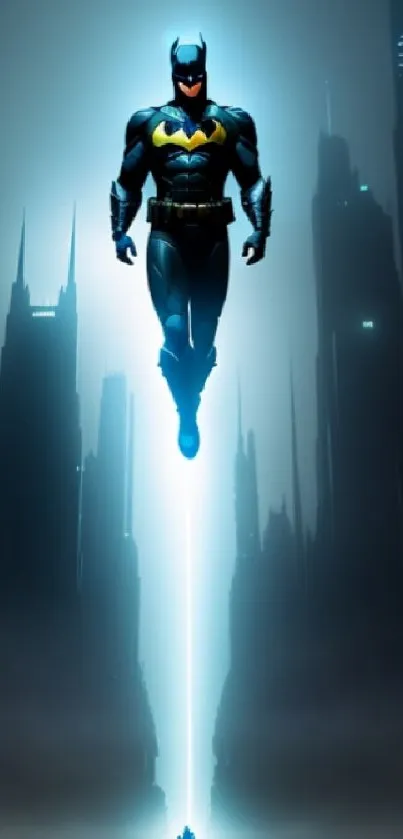 Superhero in futuristic city skyline with dramatic lighting.