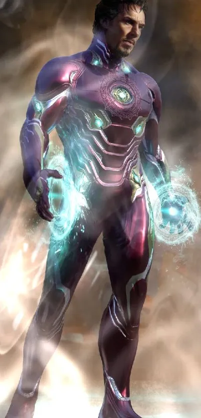 Futuristic superhero with glowing energy effects.