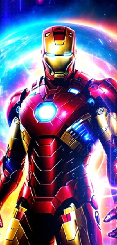 Superhero in red armor with cosmic background and glowing elements.