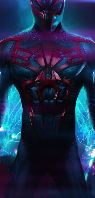 Futuristic superhero in blue and red suit, dynamic mobile wallpaper.