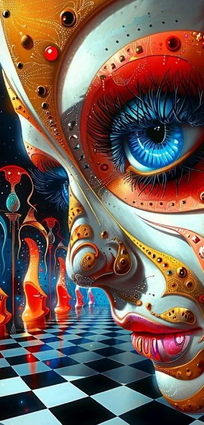 Surreal fantasy face with intricate art and vibrant colors.