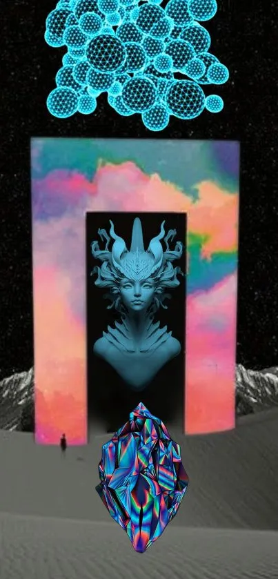 Surreal futuristic wallpaper with a cosmic portal and neon colors.