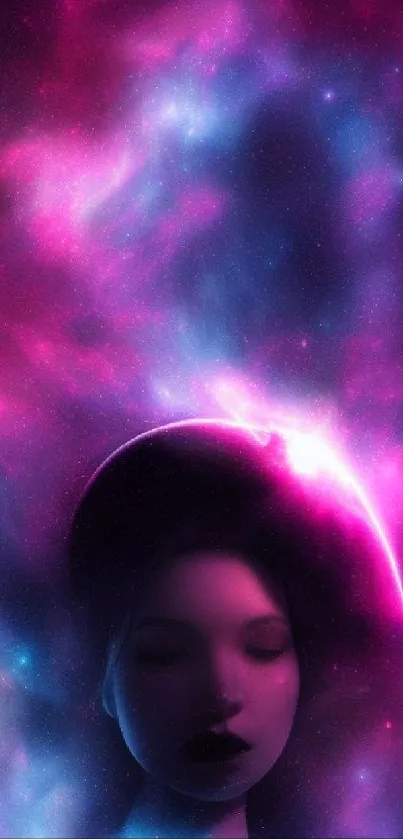 Futuristic surreal galaxy with magenta and blue hues.