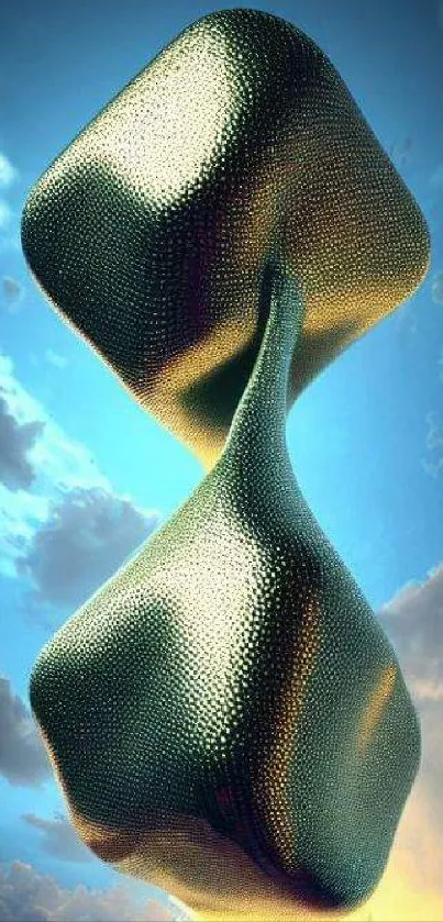 Futuristic hourglass shape against a vibrant blue sky.