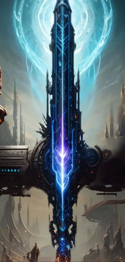 Futuristic sword with glowing blue aura against sci-fi city backdrop.