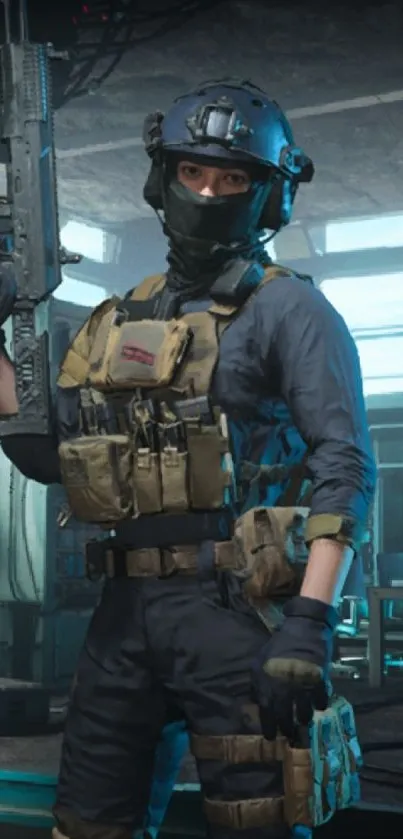 Futuristic soldier in tactical gear holding weapon.