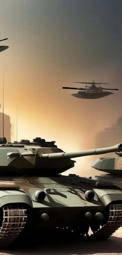 Futuristic tank battle in desert landscape wallpaper for mobile.