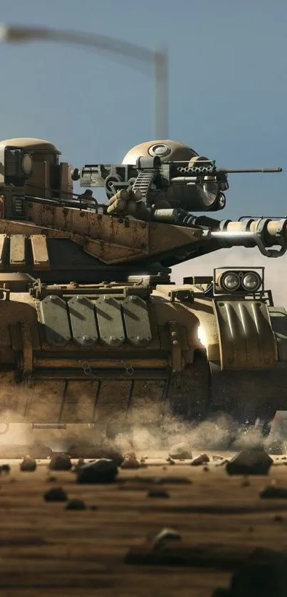 Futuristic tank on a battlefield with dusty surroundings and advanced weaponry.