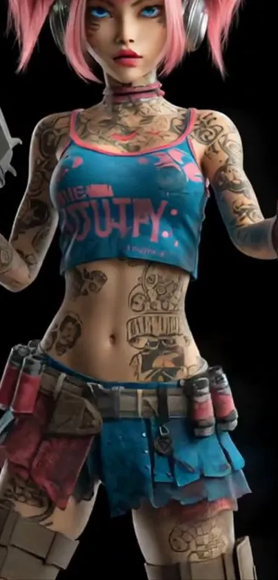 Tattooed futuristic warrior in vibrant colors.