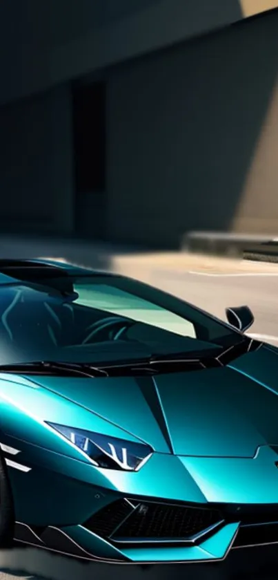 Teal sports car on city street wallpaper.