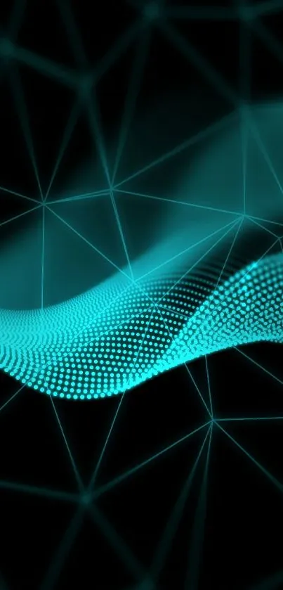 Futuristic teal wave with digital mesh design on dark background.