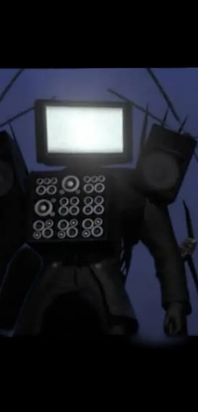 Futuristic robot with screens and speakers on dark blue background.