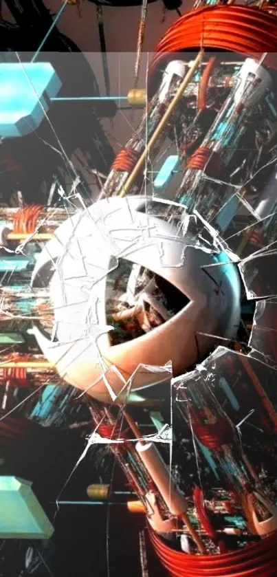 Futuristic tech wallpaper with shattered glass and vibrant red-orange elements.