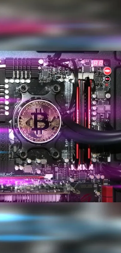 Futuristic wallpaper with Bitcoin on a circuit board, glowing in purple hues.