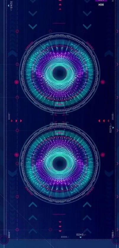 Futuristic blue and purple circuit wallpaper with geometric patterns.