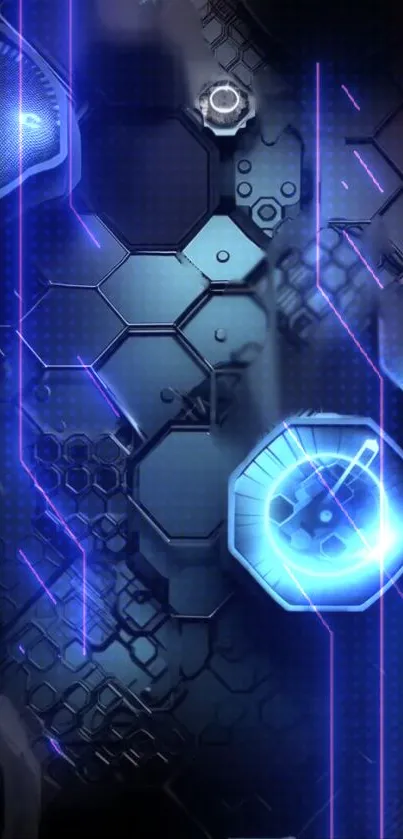 Futuristic high-tech neon blue wallpaper with glowing hexagons.